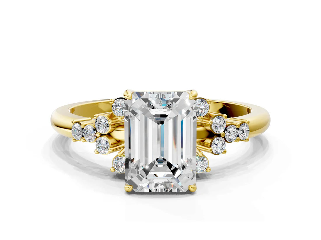 Emerald Cut Lab Diamond Ring with Side Stones and Four-Prong Setting| D VS1