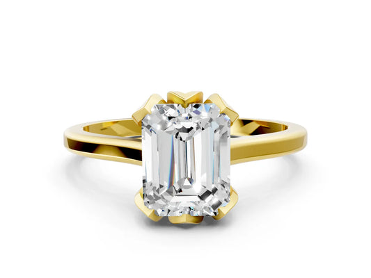 Emerald Cut Lab Diamond Solitaire Ring with Flower Prong Setting and Classic Band| D VS1