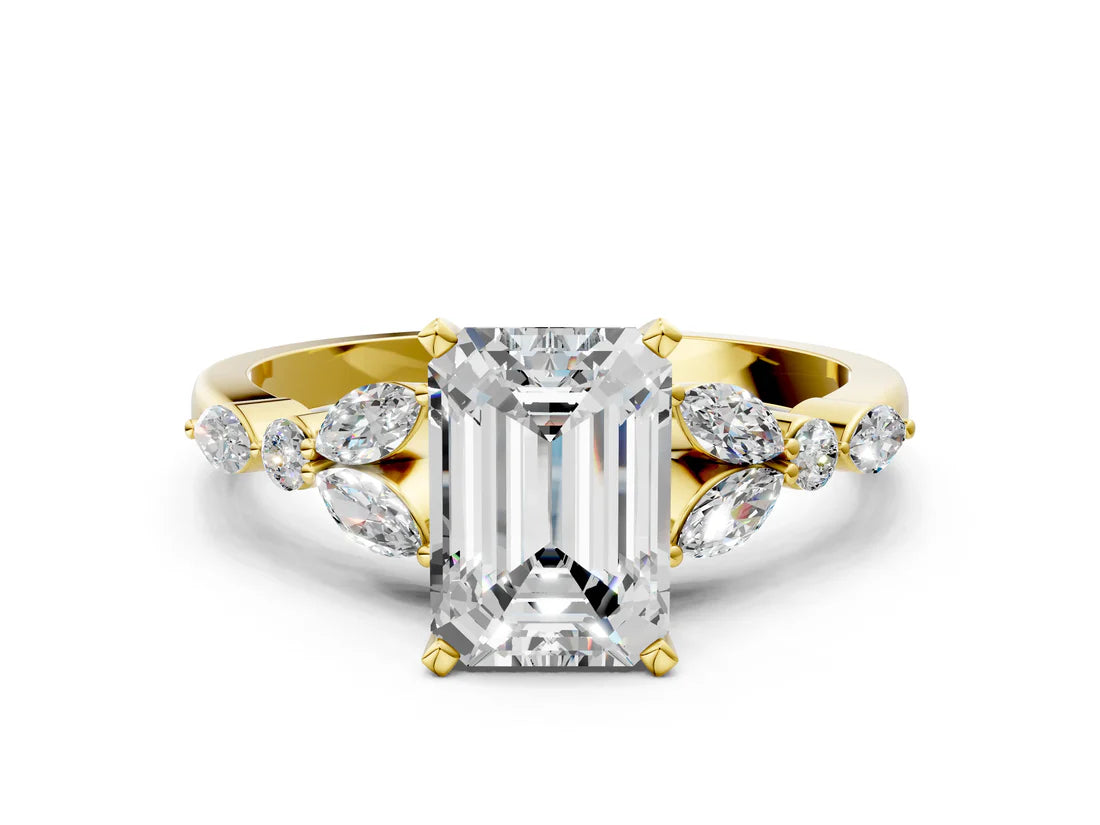 Emerald Cut Lab Diamond Solitaire Ring with Side Stones and Four-Prong Setting| D VS1