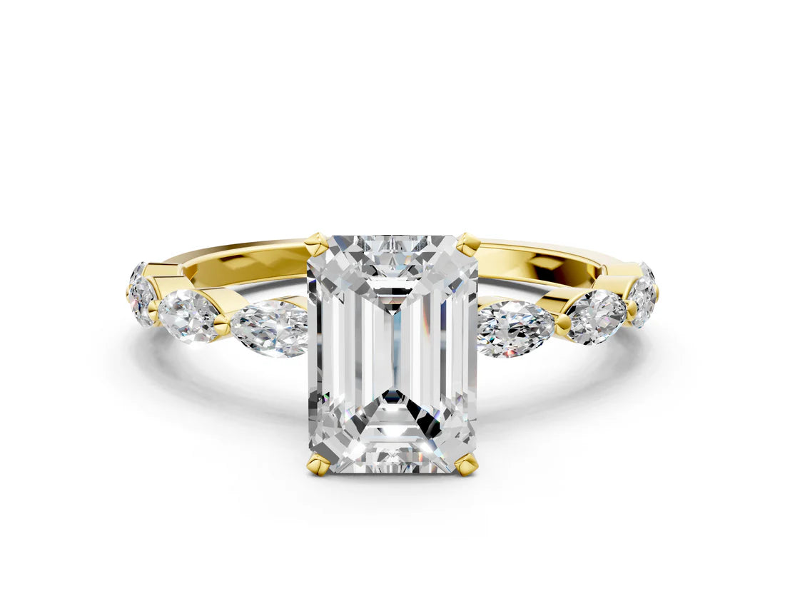 Emerald Cut Lab Diamond Ring with Marquise Side Stones and Prong Setting| D VS1
