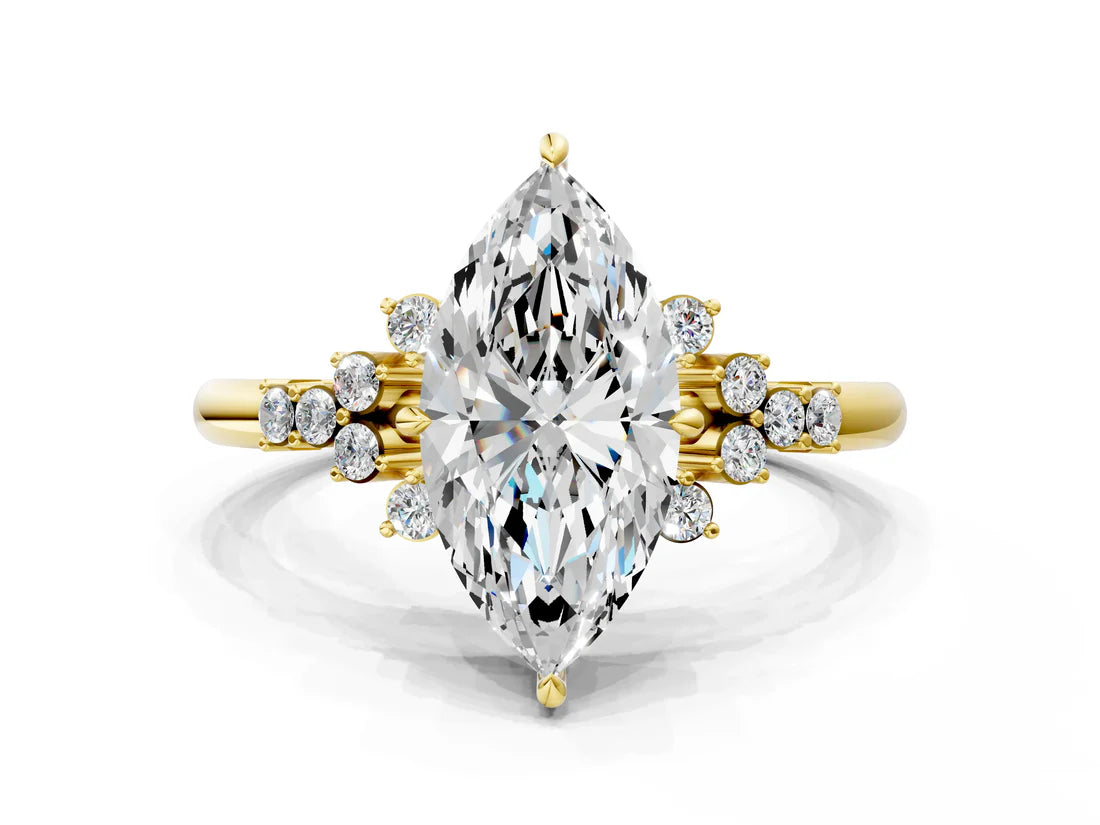Marquise Cut Lab Diamond Ring with Side Stones and Four-Prong Setting| D VS1