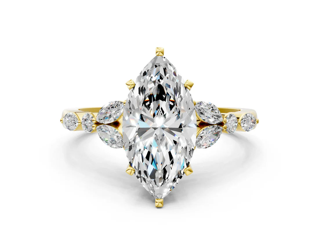 Marquise Cut Lab Diamond Solitaire Ring with Side Stones and Four-Prong Setting| D VS1