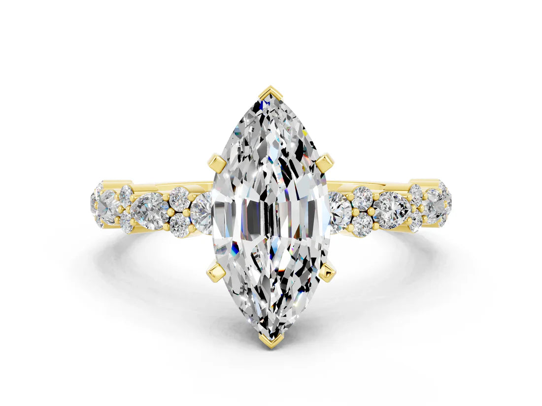 Marquise Cut Lab Diamond Side Stone Solitaire Ring with Round and Four-Prong Setting| D VS1