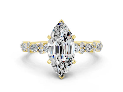 Marquise Cut Lab Diamond Side Stone Solitaire Ring with Round and Four-Prong Setting| D VS1