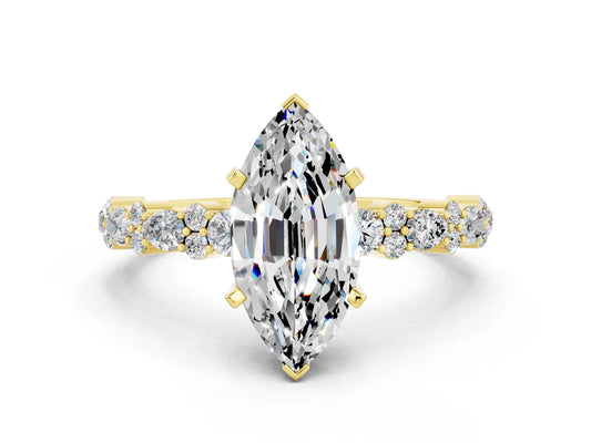 Marquise Cut Lab Diamond Side Stone Solitaire Ring with Round and Four-Prong Setting| D VS1