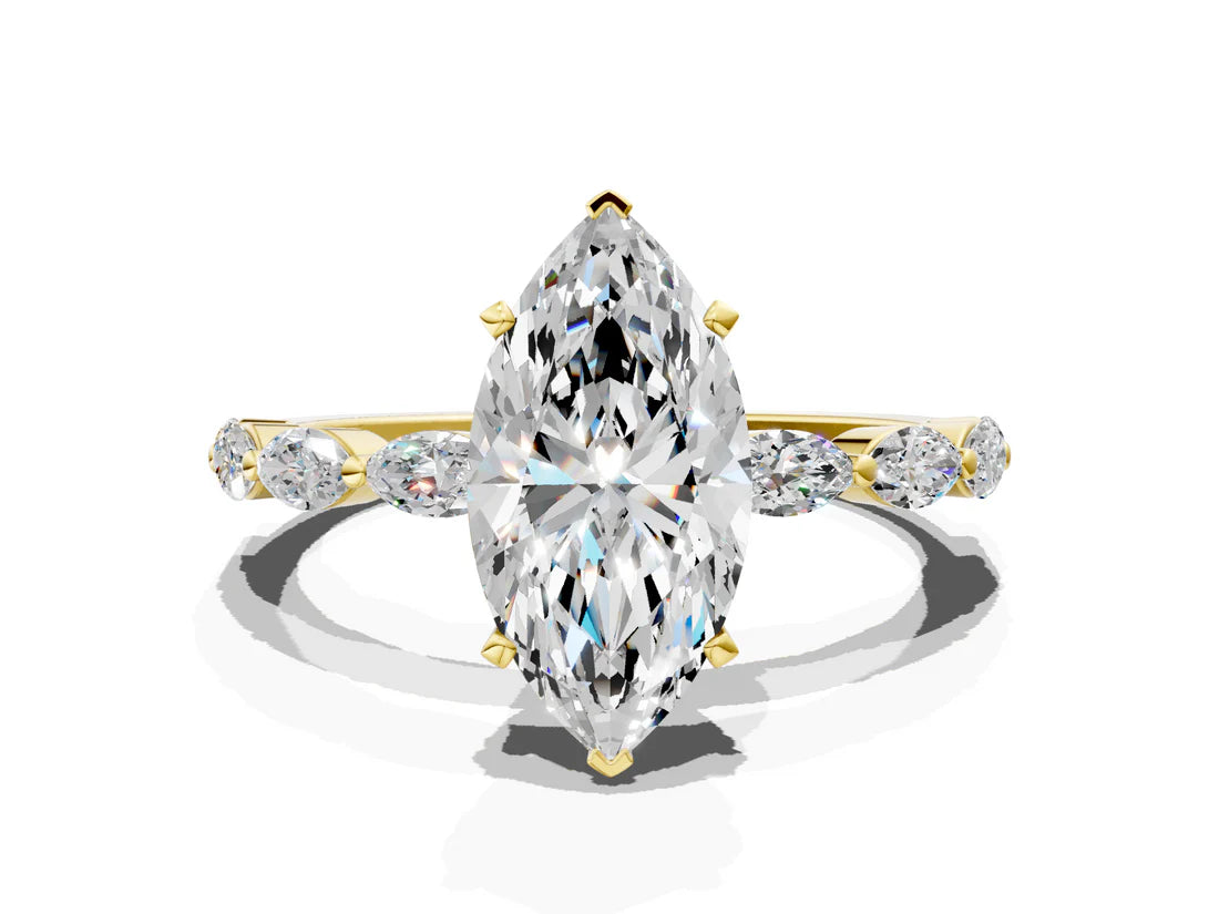 Marquise Cut Lab Diamond Ring with Marquise Side Stones and Prong Setting| D VS1