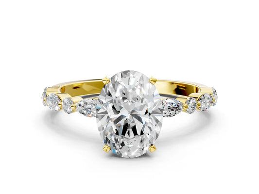 Oval Cut Diamond Ring with Marquise and Round Side Stones and Four-Prong Setting| D VS1