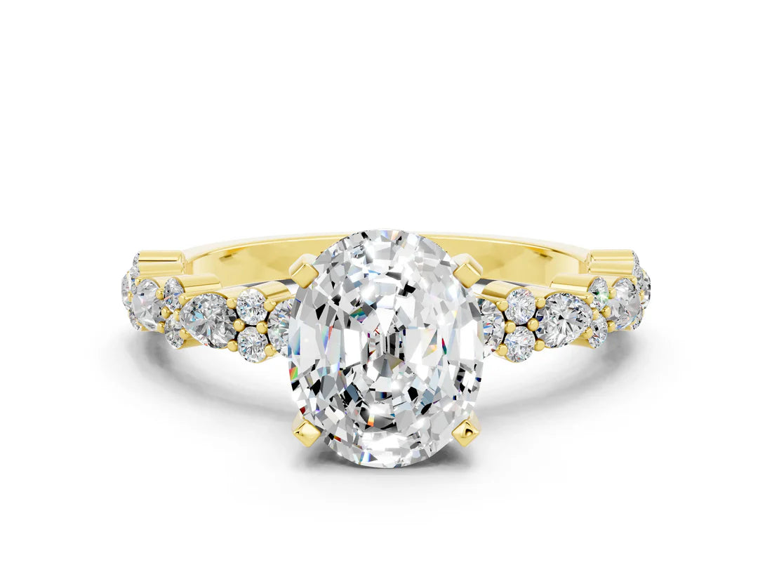 Oval Cut Lab Diamond Side Stone Solitaire Ring with Round and Four-Prong Setting| D VS1