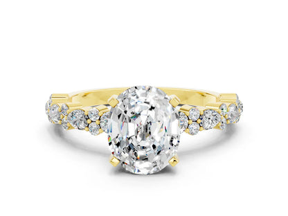 Oval Cut Lab Diamond Side Stone Solitaire Ring with Round and Four-Prong Setting| D VS1