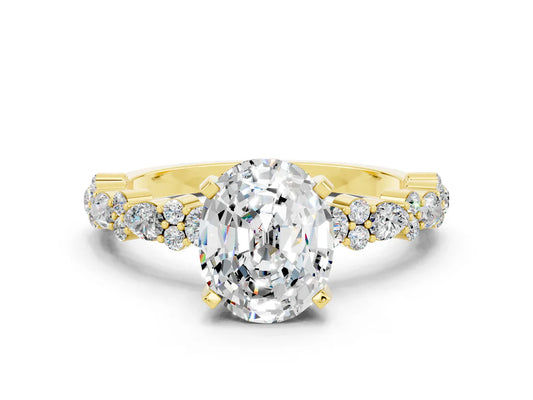 Oval Cut Lab Diamond Side Stone Solitaire Ring with Round and Four-Prong Setting| D VS1