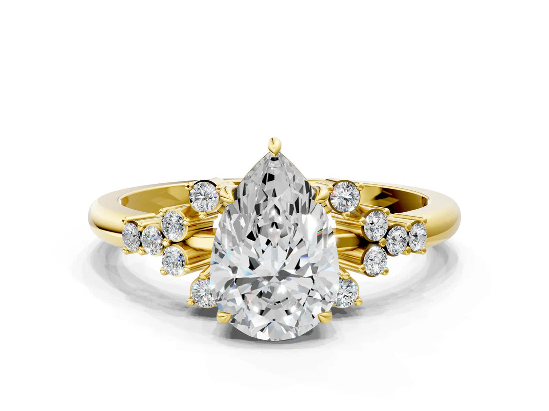 Pear Cut Lab Diamond Ring with Side Stones and Four-Prong Setting| D VS1