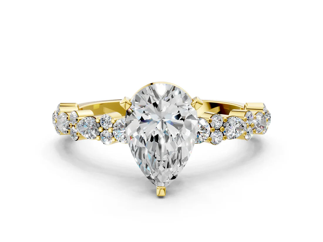Pear Cut Lab Diamond Side Stone Solitaire Ring with Round and Four-Prong Setting| D VS1