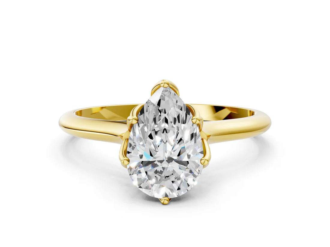 Pear Cut Lab Diamond Solitaire Ring with Flower Prong Setting and Classic Band| D VS1