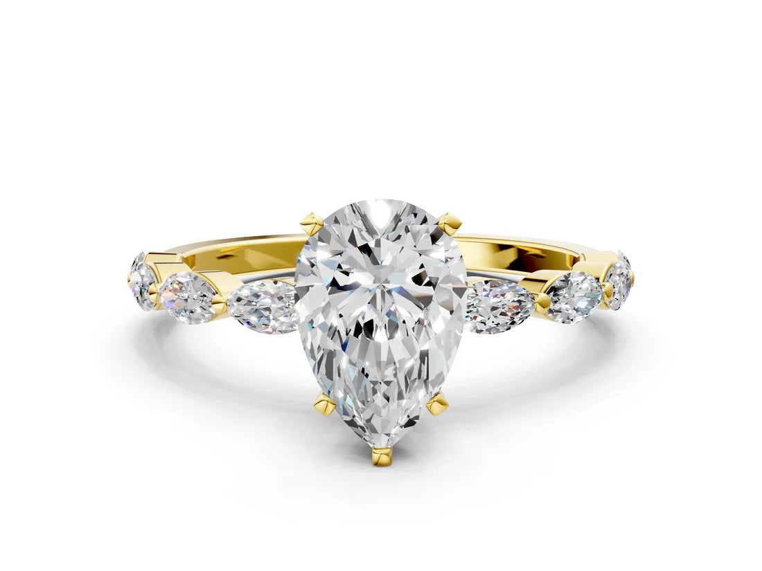 Pear Cut Lab Diamond Ring with Marquise Side Stones and Prong Setting| D VS1