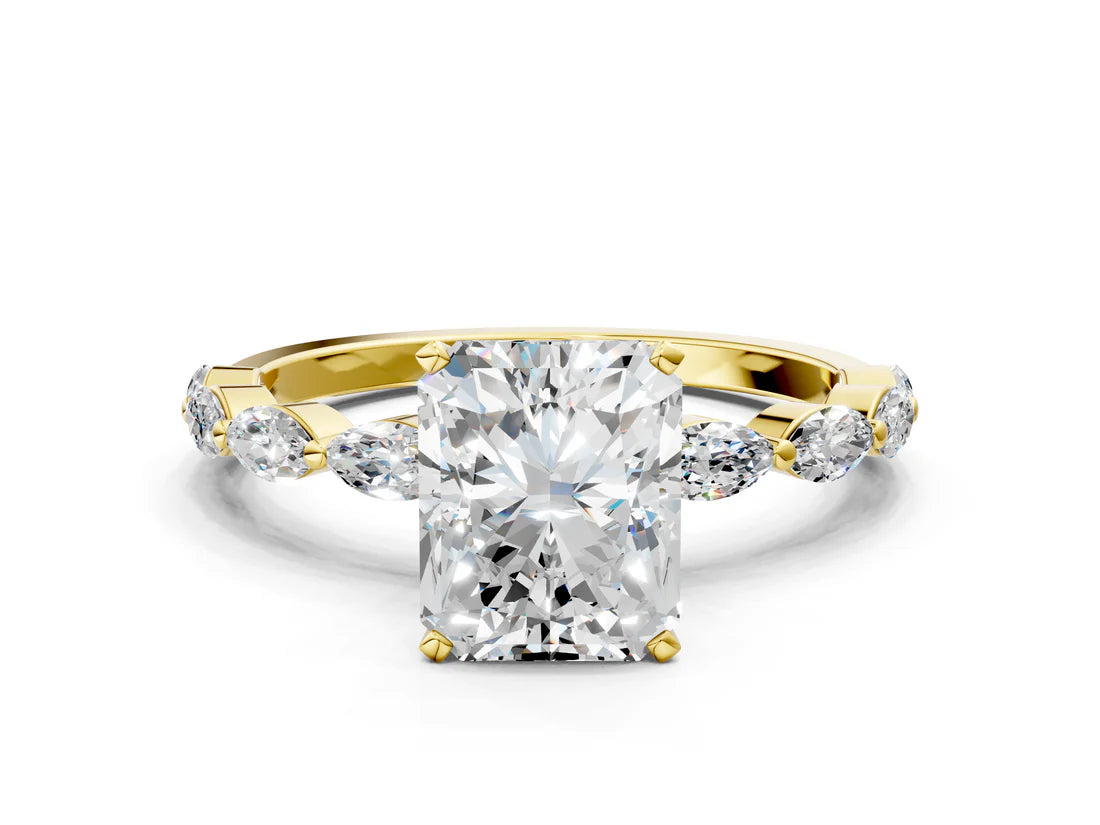 Radiant Cut Lab Diamond Ring with Marquise Side Stones and Prong Setting| D VS1
