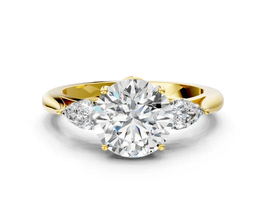 Three-Stone Round Cut Lab Diamond Solitaire Ring with Tapered Band and Four-Prong Setting| D VS1