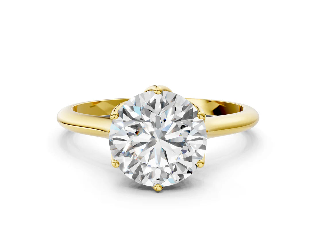 Round Cut Lab Diamond Solitaire Ring with Flower Prong Setting and Classic Band| D VS1