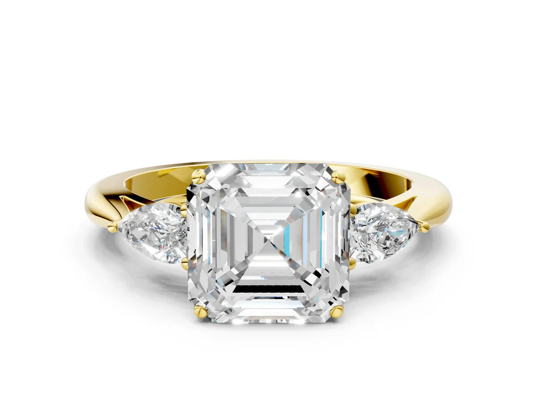 Three-Stone Asscher Cut Lab Diamond Solitaire Ring with Tapered Band and Four-Prong Setting| D VS1