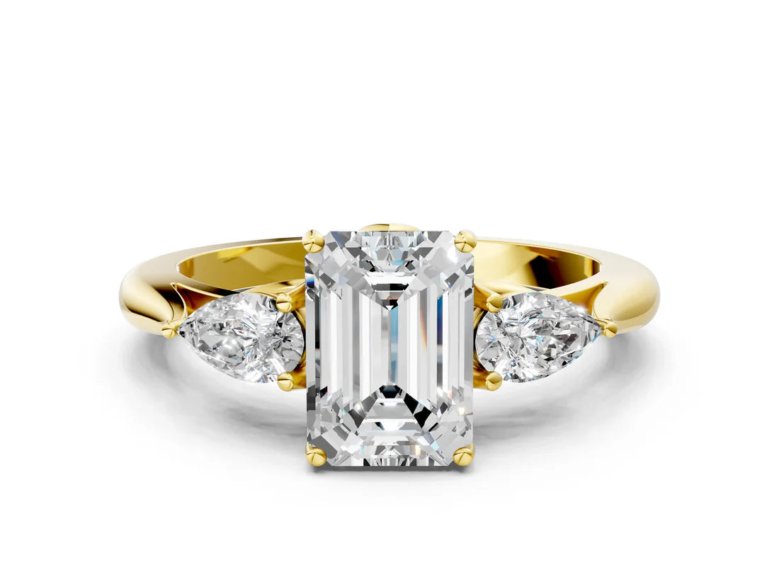 Three-Stone Emerald Cut Lab Diamond Solitaire Ring with Tapered Band and Four-Prong Setting| D VS1
