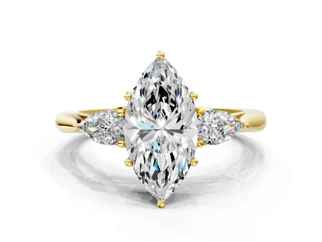 Three-Stone Marquise Cut Lab Diamond Solitaire Ring with Tapered Band and Four-Prong Setting| D VS1