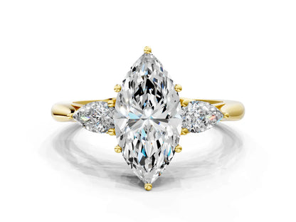 Three-Stone Marquise Cut Lab Diamond Solitaire Ring with Tapered Band and Four-Prong Setting| D VS1