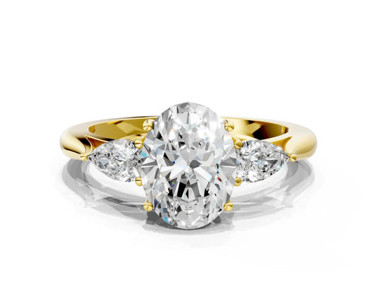Three-Stone Oval Cut Lab Diamond Solitaire Ring with Tapered Band and Four-Prong Setting| D VS1