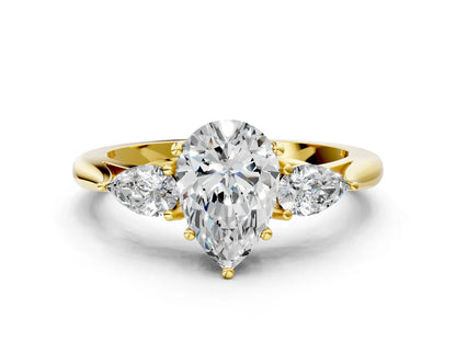 Three-Stone Pear Cut Lab Diamond Solitaire Ring with Tapered Band and Four-Prong Setting| D VS1