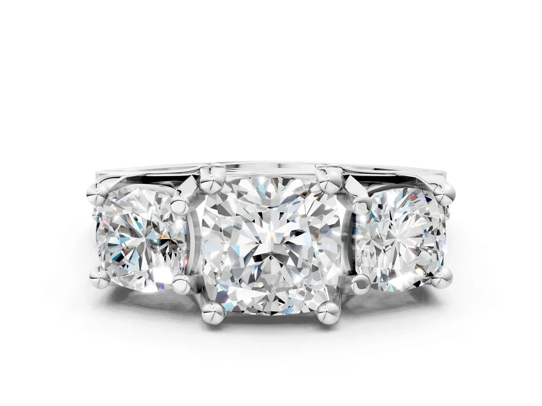 Cushion Cut Lab Diamond Engagement Ring in three stone setting with hidden halo and pave band| D VS1