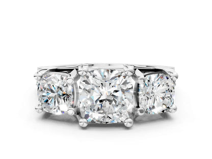 Cushion Cut Lab Diamond Engagement Ring in three stone setting with hidden halo and pave band| D VS1