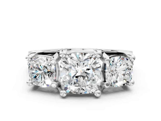 Cushion Cut Lab Diamond Engagement Ring in three stone setting with hidden halo and pave band| D VS1