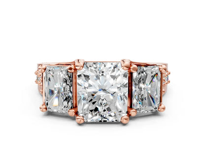 Radiant  Cut Lab Diamond Engagement Ring in three stone setting with hidden halo and pave band| D VS1