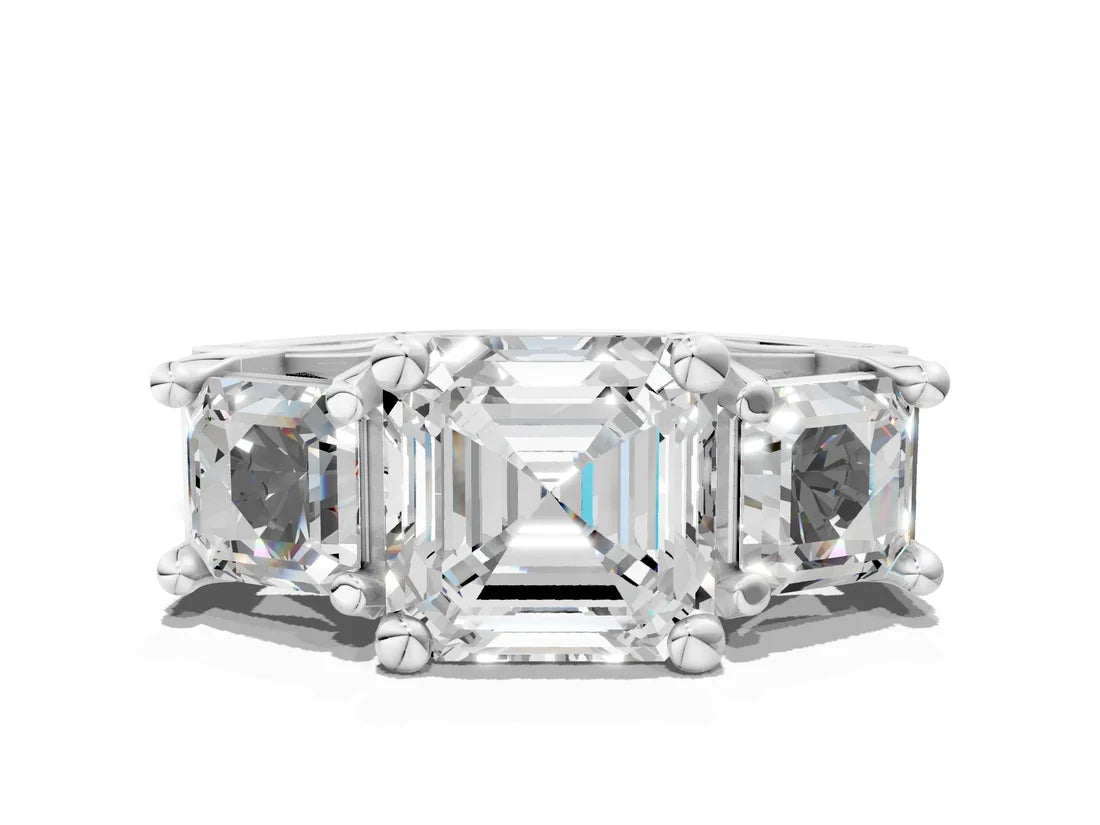 Asscher Cut Lab Diamond Engagement Ring in three stone setting with hidden halo and pave band| D VS1