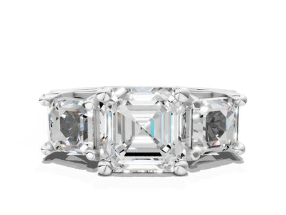 Asscher Cut Lab Diamond Engagement Ring in three stone setting with hidden halo and pave band| D VS1