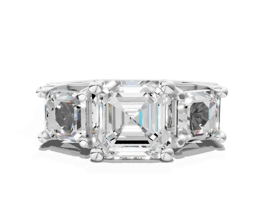 Asscher Cut Lab Diamond Engagement Ring in three stone setting with hidden halo and pave band| D VS1