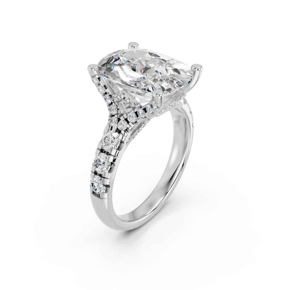 CUSHION RING WITH HIDDEN HALO AND PAVE BAND