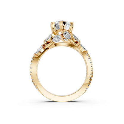 Marquise Cut Lab Grown Diamond Engagement Ring with floral side stones and split pave band| D VS1