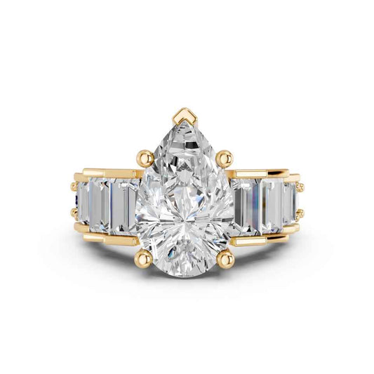 PEAR RING WITH BAGUETTE SIDE STONES