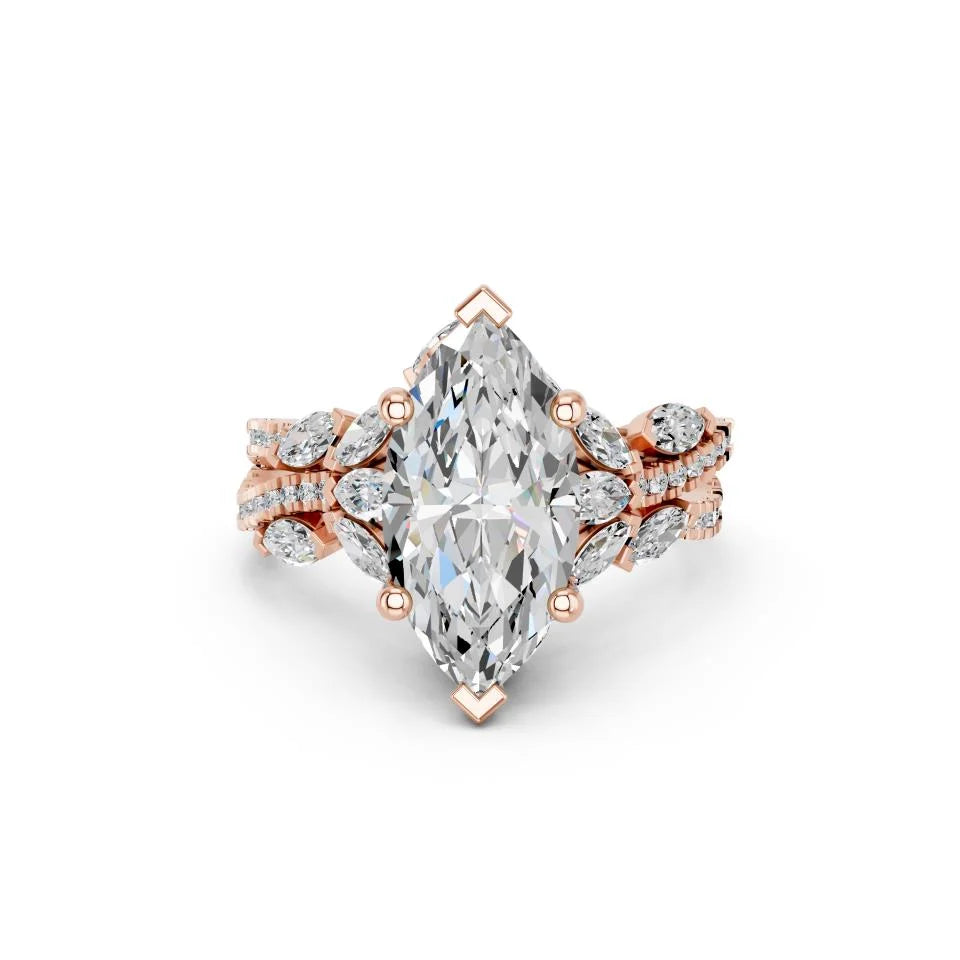 Marquise Cut Lab Grown Diamond Engagement Ring with floral side stones and split pave band| D VS1