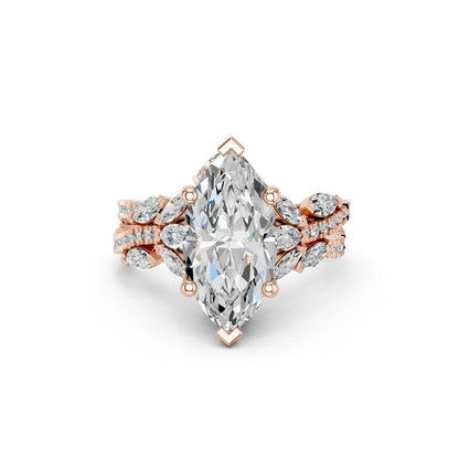 Marquise Cut Lab Grown Diamond Engagement Ring with floral side stones and split pave band| D VS1