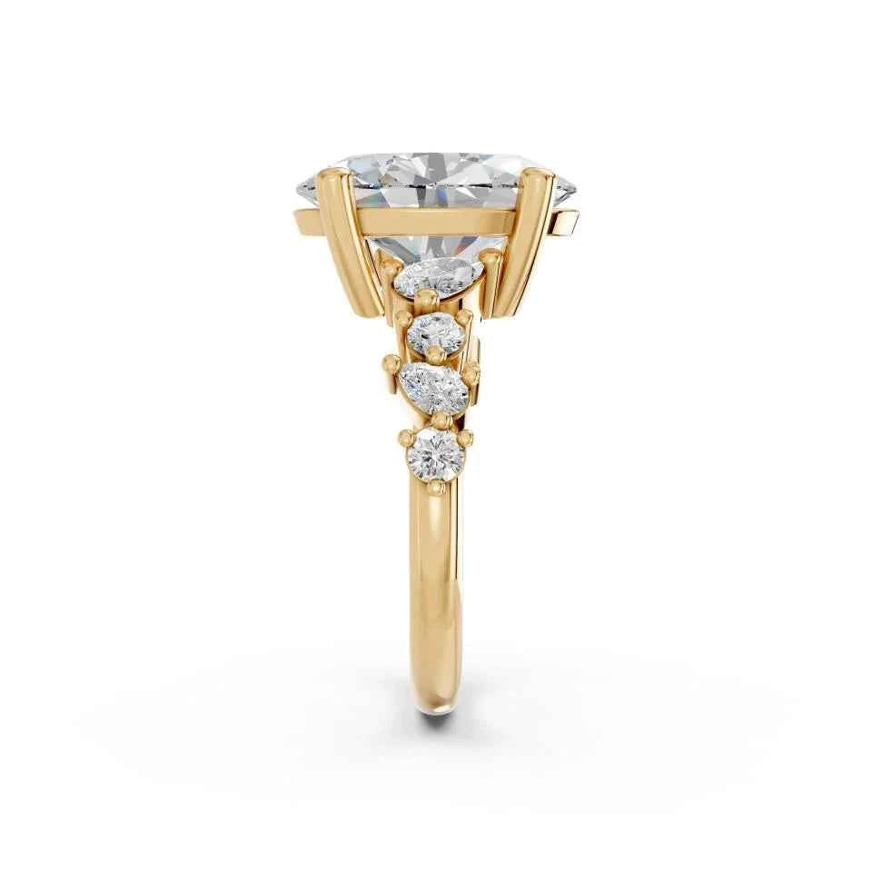 Oval Cut Lab Grown Diamond Engagement Ring with pear and round side stones| D VS1