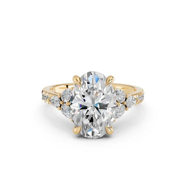 Oval Cut Lab Diamond Engagement Ring with pear side stones and pave band| D VS1