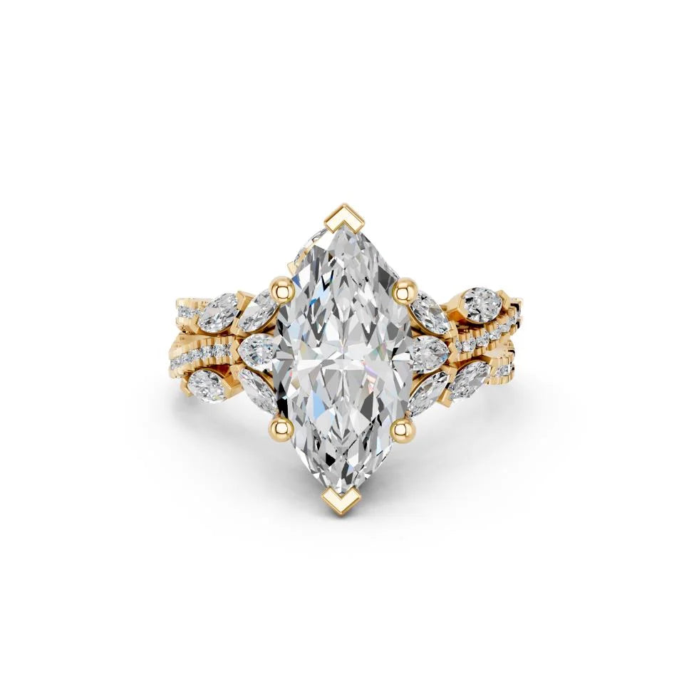 Marquise Cut Lab Grown Diamond Engagement Ring with floral side stones and split pave band| D VS1