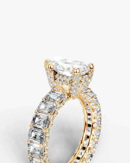 Pear Cut Lab Diamond Engagement Ring with Emerald cut eternity band and Hidden halo| D VS1