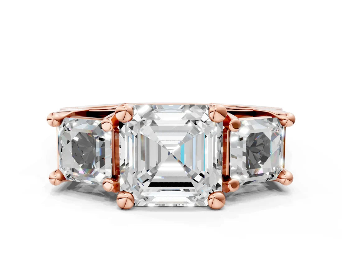 Asscher Cut Lab Diamond Engagement Ring in three stone setting with hidden halo and pave band| D VS1
