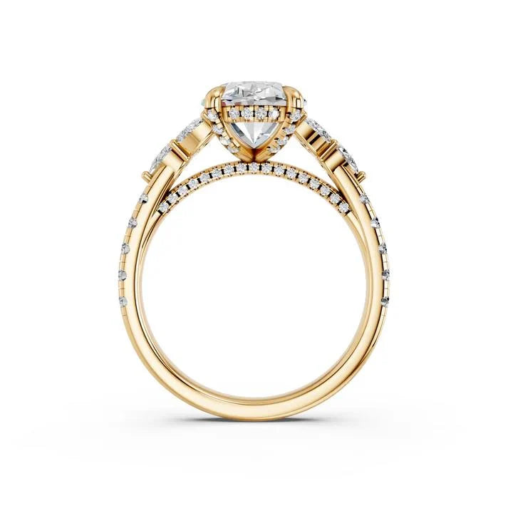 Oval Cut Lab Diamond Engagement Ring with pear side stones and pave band| D VS1