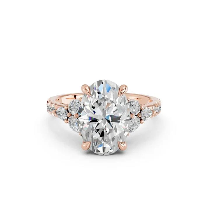 Oval Cut Lab Diamond Engagement Ring with pear side stones and pave band| D VS1