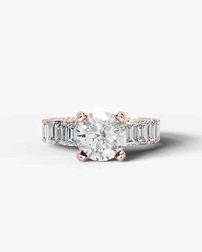 Round Cut Lab Diamond Engagement Ring with Emerald cut eternity band and Hidden halo| D VS1