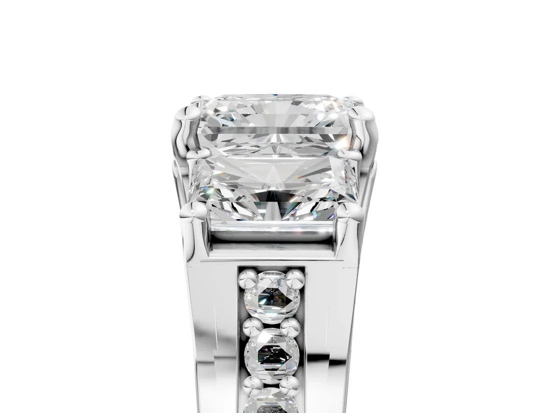 Radiant  Cut Lab Diamond Engagement Ring in three stone setting with hidden halo and pave band| D VS1