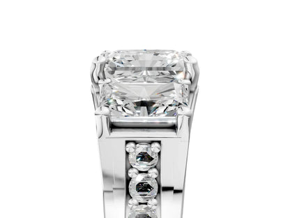 Asscher Cut Lab Diamond Engagement Ring in three stone setting with hidden halo and pave band| D VS1