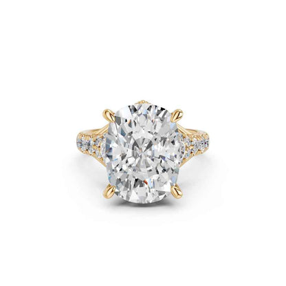 CUSHION CROWN RING WITH HIDDEN HALO AND PAVE BAND